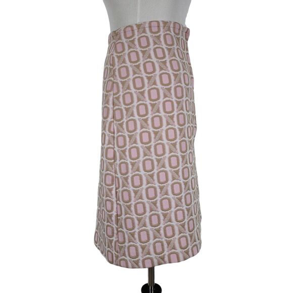 Vintage 60s Mod Knee Skirt Size XL Pink Brown Geometric Poly Jacquard - Picture 5 of 9